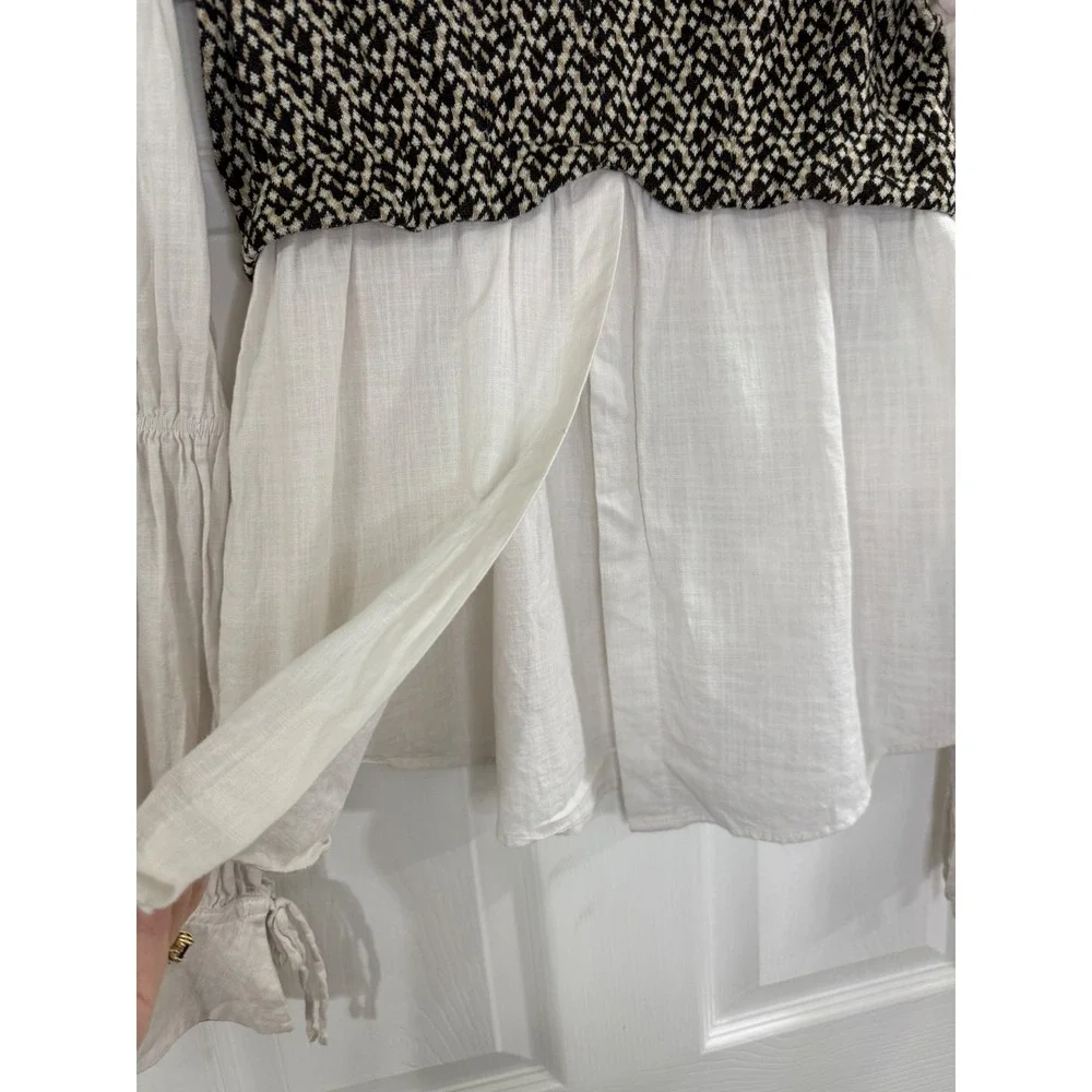 Anthropologie Layered Jacquard Blouse Size M White Black Mixed Media Boho